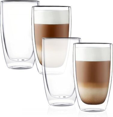 CNGLASS Double-Walled Insulated Glasses, 400ml / 13.5oz, 4-Piece Set, Latte Macchiato Glasses, Insulated Coffee Cups, Tableware, Drinkware