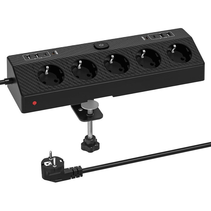 Мережевий фільтр PASSUS з 5 розетками, 2 USB-C (PD 30W), захист від перенапруги, індивідуальне вмикання, 10-в-1, з кабелем 2м, для офісу, чорний