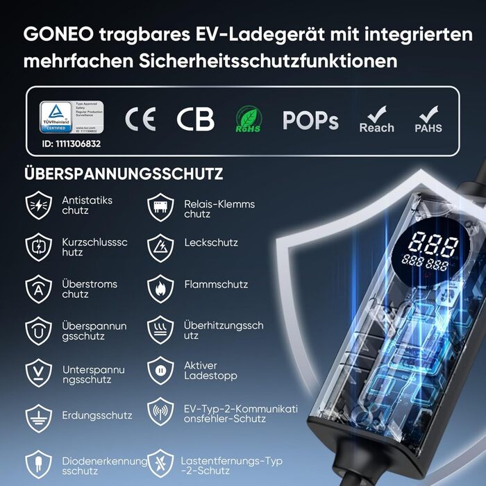 Кабель для електромобіля GONEO Typ 2 Schuko, 10м, 16A, 3.68 кВт - Портативна зарядка з захистом FI, автоматичним заземленням та контролем температури, таймер для електромобіля, сертифікат TÜV