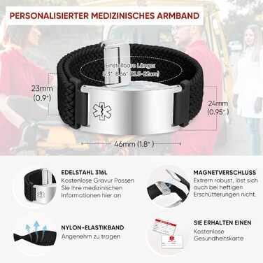 Браслет тривоги FLHEART з персоналізованою гравіюванням: медичний браслет SOS для діабету, епілепсії, алергії. Еластичний, регульований, з номером телефону. Для чоловіків та жінок. Срібло, магнітна застібка.