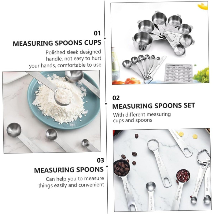 Stainless Steel Measuring Cup and Spoon Set with 7 Cups and 7 Spoons for Cooking and Baking
