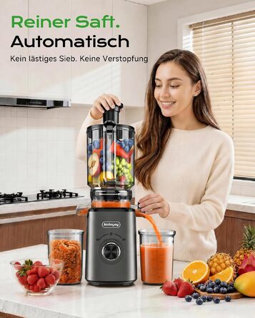 Шнекова соковижималка Entsafter для овочів та фруктів, 1.8Л, XL-завантажувач 130 мм, контейнер 600 мл, електрична соковижималка для сім'ї, сіра