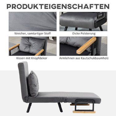 HOMCOM Sleeper Chair Single Sofa with Bed Function, Recliner with Adjustable Backrest, Velvet Look, Dark Grey | Aosom