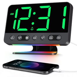 Цифровий будильник LED з RGB-підсвіткою, потужний сигнал 30-110 дБ для міцного сну, USB-порт, функція Snooze, настільний годинник (Зелений)