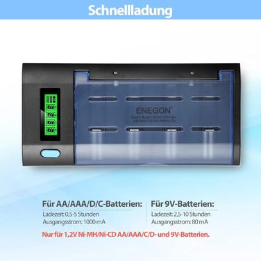 Зарядний пристрій ENEGON для акумуляторів AA/AAA/C/D/9V NiMH/NiCD з LCD дисплеєм та функцією розряду – 4 слоти, чорний