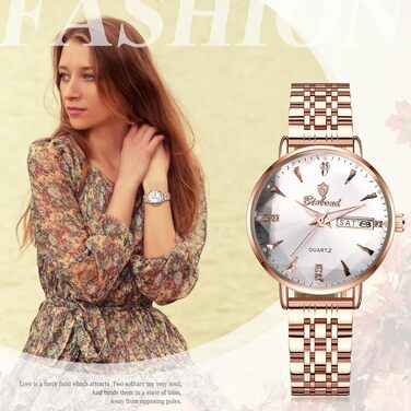 Жіночий годинник JewelryWe Rosegold: аналоговий кварцовий годинник зі сталевим браслетом, водонепроникність 30м, календар, підсвічування стрілок та гранійним склом (Рожеве золото - Білий)
