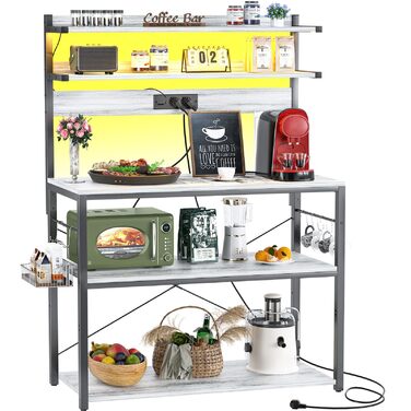 Кухонна полиця-стійка з розеткою, підставка для мікрохвильовки, 5-рівнева кавобар з LED-підсвічуванням, полиця для спецій, каструль та сковорідки (80см, Білий дуб)