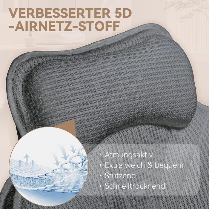 Подушка для ванни з 3D Air Mesh сітки, неслизька, швидковисихаюча, м'яка подушка для ванни (сіра)