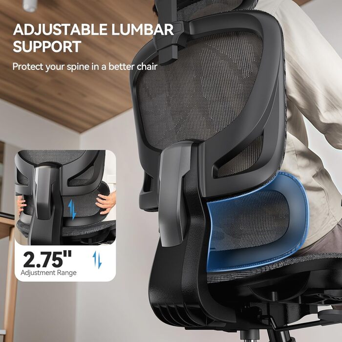 Офісний стіл Noblewell з високою спинкою, комп'ютерне крісло з сітчастої тканини з підтримкою попереку, 3D-підлокітники, подвійна спинка та регульована підголівник