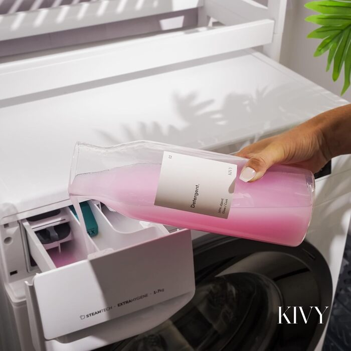 Диспенсер для рідкого прального засобу KIVY, скляний, 2×1200 мл, з етикетками, для зберігання кондиціонера та порошку