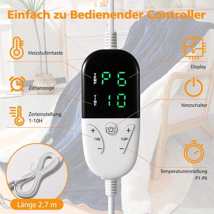 Електрична ковдра OneAmg з таймером та пультом керування, 155x180 см, 6 режимів нагріву, блакитна