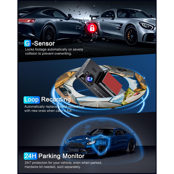 Відеореєстратор у машину 4K Dual Dashcam з CPL фільтром, 360°, WiFi, IPS, Нічне бачення, G-сенсор, Паркувальний режим, 64GB SD карта