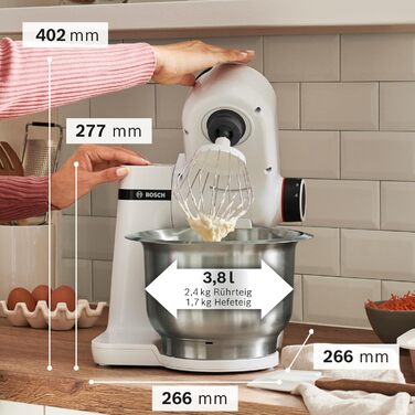 Bosch Kitchen Machine Series 2 MUMS2EW00, 3.8 L Stainless Steel Bowl, Planetary Mixing System, Dough Hook, Beaters and Whisk (Stainless Steel), 4 Speed Settings, Expandable with Optional Accessories, 700W, White