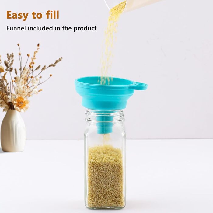 Набір банок для спецій квадратних [12 штук] з бамбуковою кришкою, 120 мл, з воронкою, наклейками, щіткою та ситами