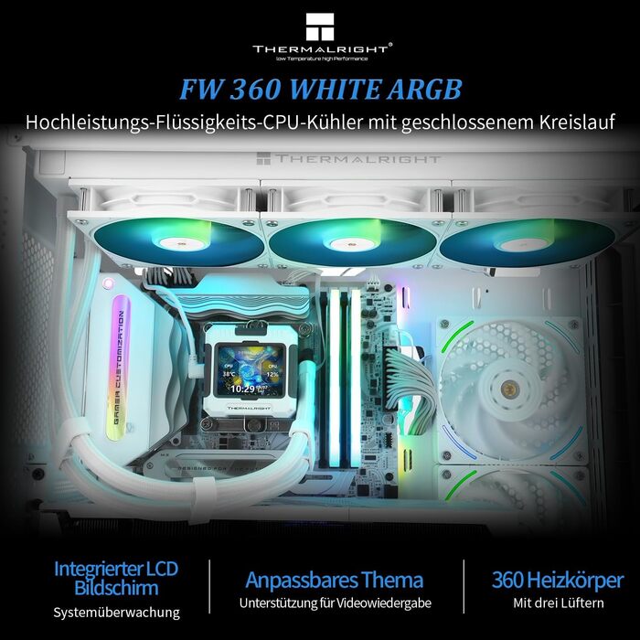 Thermalright FW 360 White ARGB: рідинна система охолодження CPU з 3 вентиляторами PWM, LCD-дисплей 320*240, підтримка AMD/Intel (AM4/AM5/LGA1700/1851)