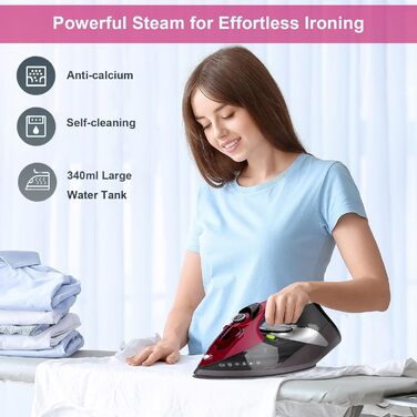 Відпарювач для одягу 3000W з керамічною підошвою - відпарювач з кабелем, самоочищення, резервуар 340мл, автоматичне вимкнення, червоний