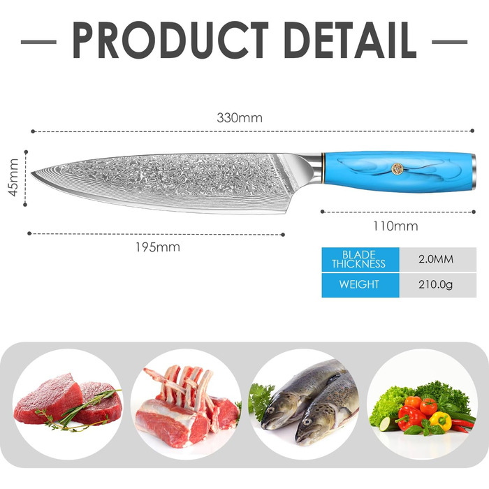 Ніж шеф-кухар Kiritsuke з дамаської сталі Home Safety, 18.8 см, VG-10, ергономічна ручка з натуральної смоли, подарункова коробка