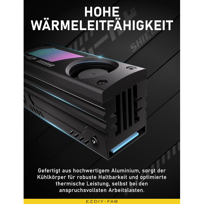 Охолоджувач SSD M.2 EZDIY-FAB Shield ARGB з вентилятором 20mm PWM, алюмінієвий корпус, підтримка ARGB 5V 3-Pin, чорний, 1 шт.