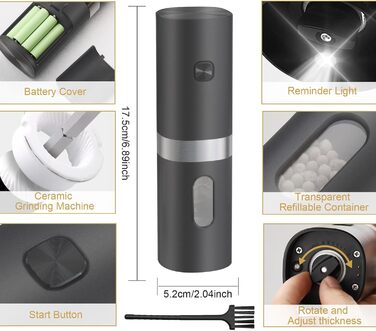 Електричні млини для солі та перцю 2 шт. Набір, батарейне живлення, LED-підсвічування, регулювання помелу, чорний (Стиль 2)
