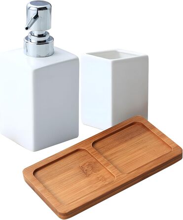 Bathroom Accessories, 3-in-1 Bathroom Set, Soap Dispenser, Ceramic Toothbrush Holder, and Bamboo Tray, Ceramic Material, White, for Bathroom, Sink, Bathtub, Reusable Shampoo
