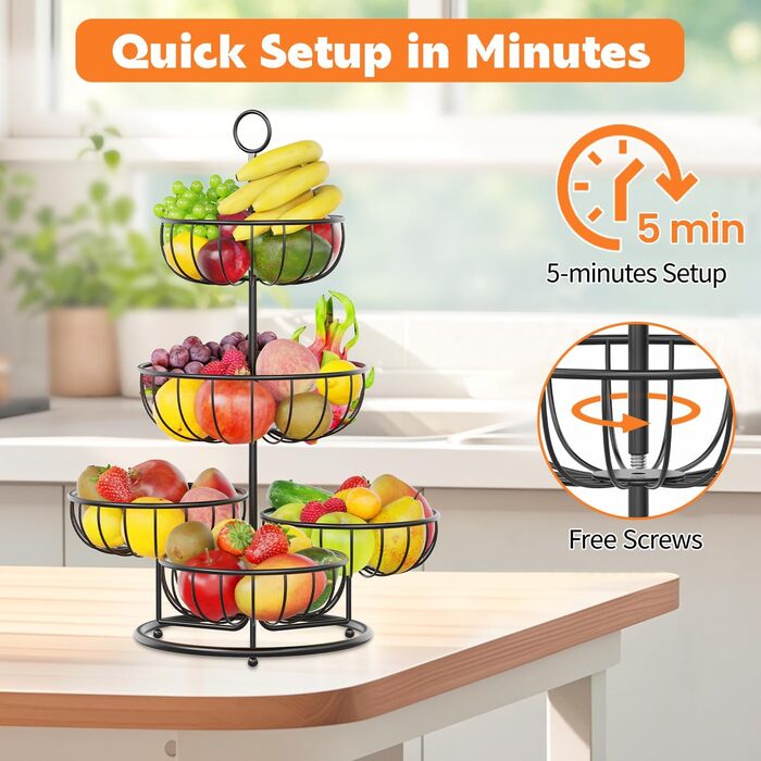 PouHenier 5-ярусна металева етажерка для фруктів та овочів, чорна, для кухні