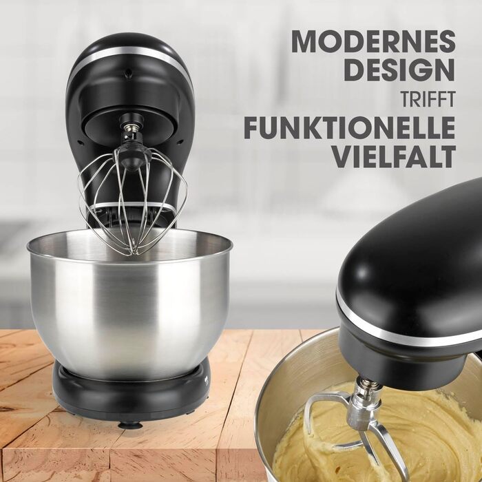Gourmetmaxx Kitchen Machine with Kneading and Whisking Function | Powerful kitchen machine with a large 5-liter stainless steel bowl and direct drive | Includes mixing attachment, dough hook & whisk [1,500 watts] Metallic Black