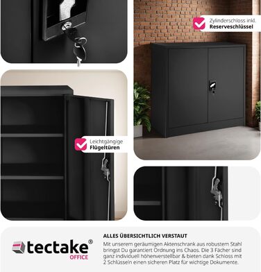 Металевий офісний шафа Tectake з замком, 3 полиці, 90x40x90 см, чорний