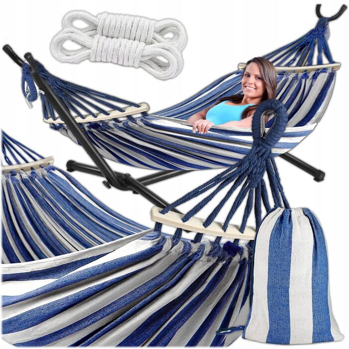 Гамак KRUMAD 260 см, до 250 кг, вуличний, бавовна-поліестер, з дерев'яними розпірками та сумкою (синьо-білий, з каркасом)