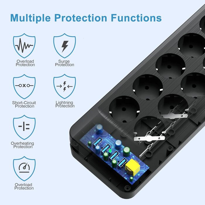 Мережевий фільтр NVEESHOX з 10 розеток, 3 USB-A та 1 USB-C (20W PD), з індивідуальними вимикачами, захист від перенапруги, 2м, для дому та офісу (Чорний)