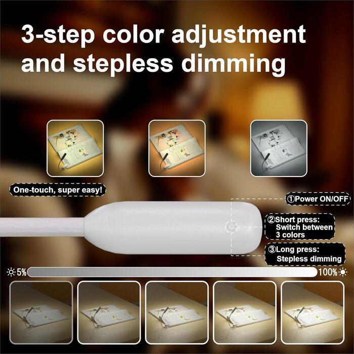 USB LED лампа для читання з кліпсою, 3 режими температури кольору, регульована яскравість, гнучка на 360°, для ліжка, столу та подорожей, біла