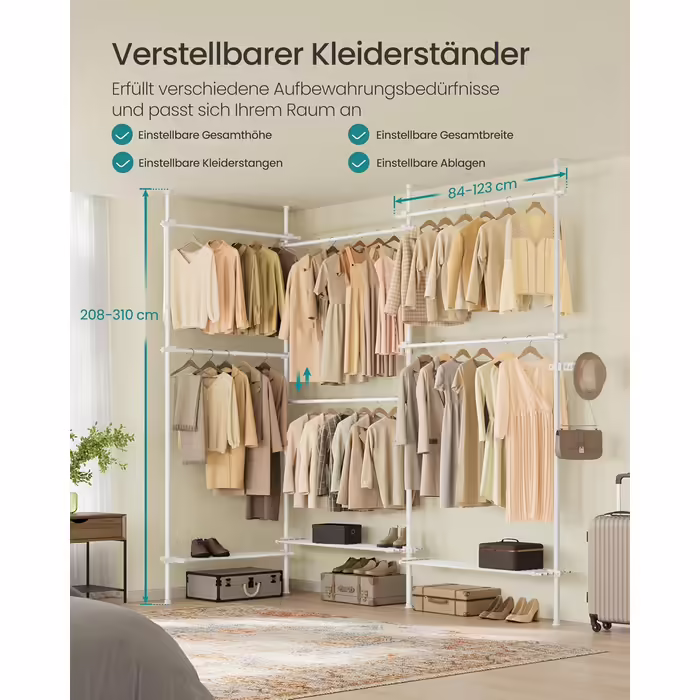 SONGMICS Telescopic Rod Clothes Rack, 3-Tier Wardrobe, Height and Width Adjustable, Open Clothes Closet with 2 Clothes Rods and Removable Shelf, Grab Arm, HSR136B01 (Matt White, 3 Rows (240B~353B) cm)