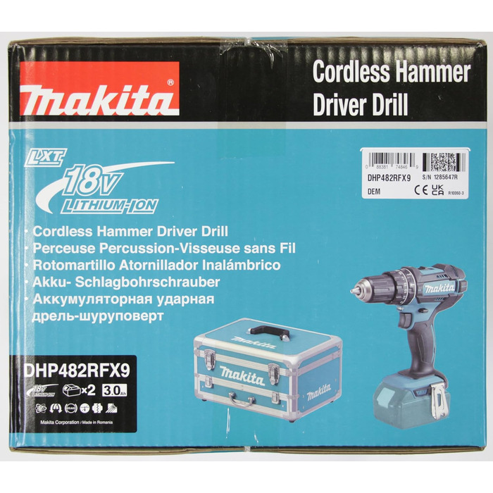 Ударний дриль-шуруповерт Makita DHP482RFX9 18V, 3.0 Ah, 2 акумулятори + зарядний пристрій в алюмінієвому кейсі, Petrol, комплект з 96 аксесуарів
