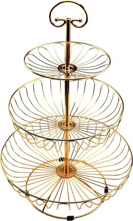 Металевий кошик для фруктів та овочів з ручкою - 3 яруси, великий, з нержавіючої сталі, з циркуляцією повітря (45 см, Ø30-24-16.5 см), золотий