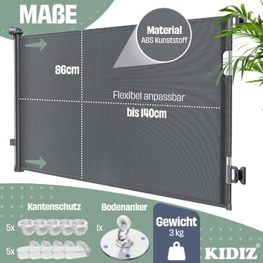 Захист для сходів KIDIZ®: розтягуваний захист для дітей та домашніх тварин | Сітка для сходів та дверей | Захисний бар'єр з анкерами та аксесуарами для монтажу (0-140 см, антрацит)