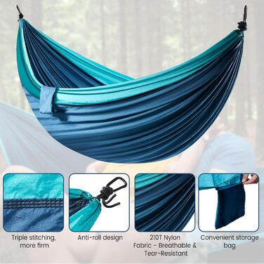 Гамак для двох осіб XXL 300 x 200 см – Складаний, ультралегкий та портативний. Міцний гамак для відпочинку на природі (300 кг) – ідеально для саду, кемпінгу та подорожей (блакитний)