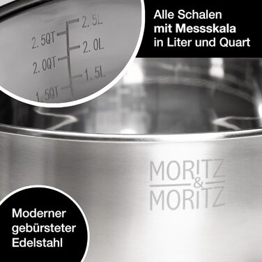 Миска для перемішування Moritz & Moritz 5er з кришкою - 0,6-4,5л - нержавіюча сталь з антиковзними ніжками без BPA - Складається, саладова миска з кришкою та 3 тертки - придатна для миття в посудомийній машині