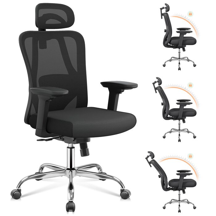 Офісне крісло Devaise: ергономічне крісло з регульованою підголівником та поперековою підтримкою, 3D-підлокітники, 3-рівневий нахил, дихаюча сітчаста тканина для дому та офісу (Чорний)