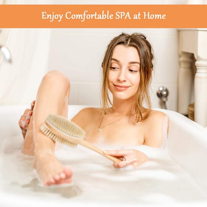 Масажна щітка для спини URAQT з натуральною щетиною, двостороння, з довгим руків'ям для масажу та пілінгу тіла