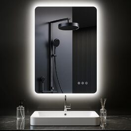 Дзеркало для ванної кімнати з підсвічуванням 50 x 70 см, LED дзеркало з протизапарюючим покриттям, 3 кольори світла, регулювання яскравості, прямокутна форма, сенсорне управління, функція пам'яті, горизонтальне/вертикальне кріплення, без рамки