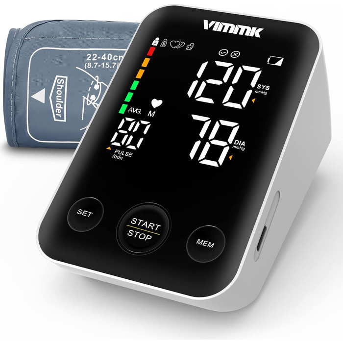 Тонометр Vimmk на плече, цифровий, для вимірювання артеріального тиску, LED-дисплей, виявлення аритмії та вимірювання пульсу, пам'ять на 2x120 показників, манжета 22-40 см, чорний