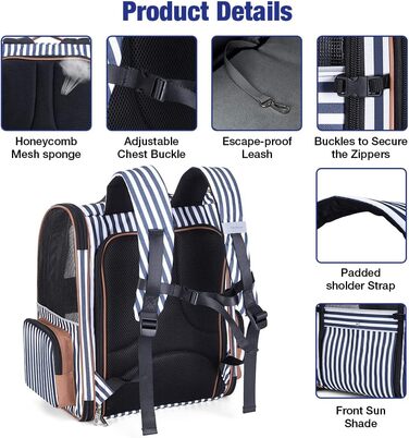 Рюкзак для кота Lekebobor, розширюваний, переноска для тварин, для маленьких собак та середніх котів до 8 кг, складний, для подорожей та походів, блакитний в смужку, 12.6'L x 11.2'W x 16.5'H - L