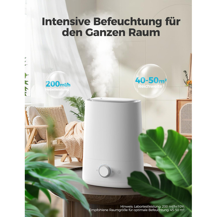 Зволожувач повітря AROEVE 5L з верхнім заповненням, ультразвуковий, холодний туман, для спальні з дифузором ефірних олій, 360° поворотний носик, 28dB нічне підсвічування, 50 годин роботи, для дитячої кімнати, рослин