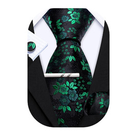 Комплект краваток Barry.Wang: краватка, кишеньковий хустинка та запонки. Чорний колір з зеленим квітковим візерунком, для весілля та ділових зустрічей