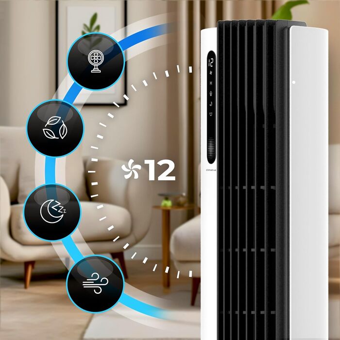 Турбовентилятор 110 см: тихий вентилятор з пультом, іонізація, 12 швидкостей, таймер 12 год, білий колір