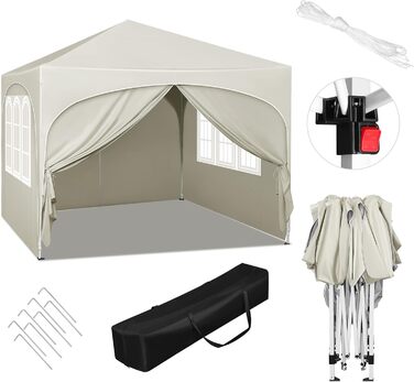 WOLTU Gazebo, Folding Gazebo 3x3 m, with 4 Side Walls, Party Tent Waterproof UV Protection 50+, Adjustable Height Garden Gazebo, with Carry Bag, for Outdoor Garden Camping (Beige)