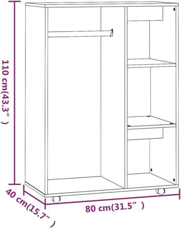 vidaXL Wardrobe with Open Shelf, 3 Side Shelves, Wheels, Coat Rack, Wardrobe, Bedroom, White, 80x40x110cm, Wood-Based Material (Smoked Oak)