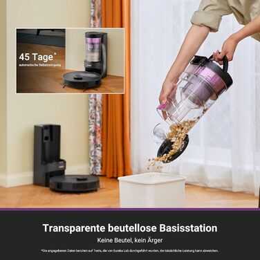 Робот-пилосос EUREKA E20 Plus чорного кольору з функцією миття підлоги, LiDAR-навігація, 4000Pa, автопідняття мопа, керування через додаток та голосовий помічник, ідеально для видалення шерсті тварин