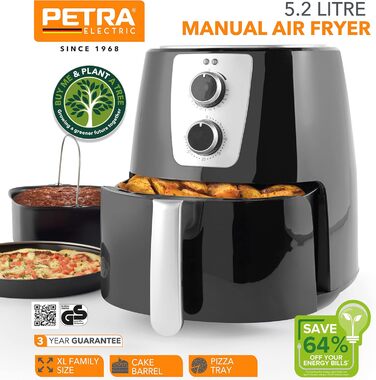 Фритюрниця без олії Petra PT5175VDEEU10 5,2 л, повітряна, антипригарний кошик XL, ручне керування, 1300 Вт, таймер 30 хв, для піци та випічки