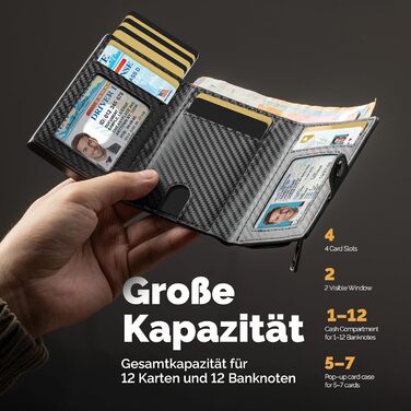 Чоловічий тонкий гаманець Portmonee з захистом RFID, Smart гаманець для карток та грошей, компактний Air Tag гаманець для 12 карт та 2 посвідчення, гаманець з висувним механізмом та відділенням для монет, A002 - Чорний карбон