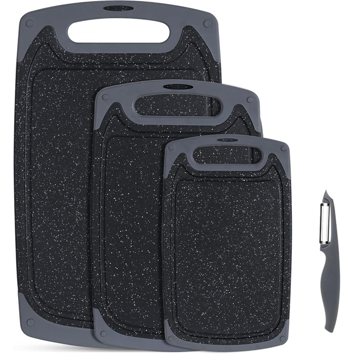 Набір з 3-х обробних дощок SKERITO з антиковзкими ручками, з жолобками для соку, чорного кольору, BPA Free